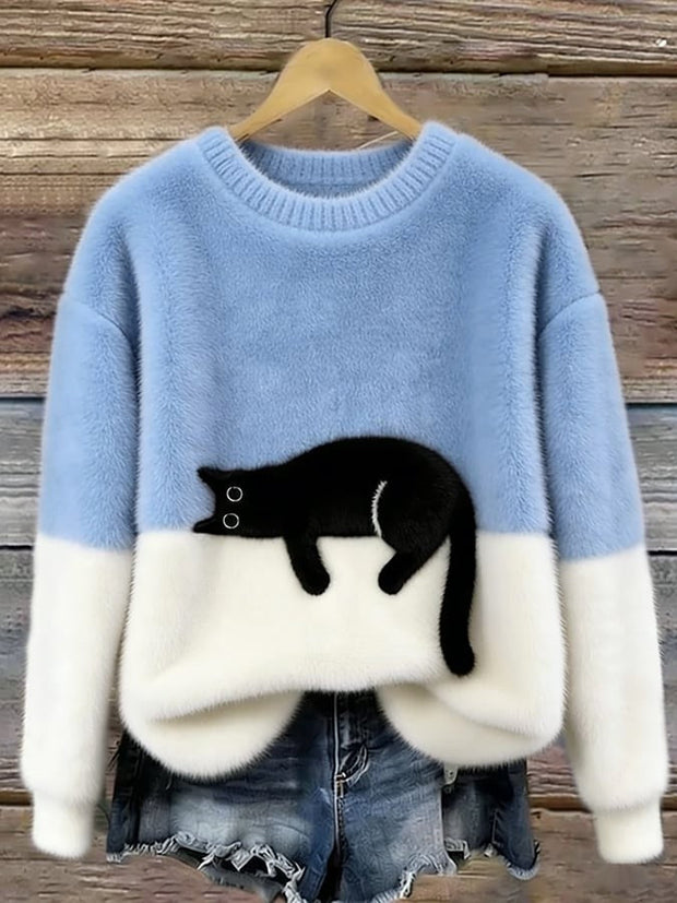 Estelle | Women's Cat Motif Wool-Mix Knit Jumper, Elegant Autumn Coat | Everlasting Boutique