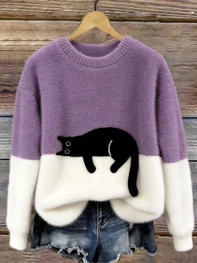 Estelle | Women's Cat Motif Wool-Mix Knit Jumper, Elegant Autumn Coat | Everlasting Boutique