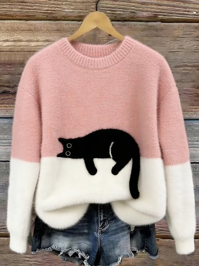 Estelle | Women's Cat Motif Wool-Mix Knit Jumper, Elegant Autumn Coat | Everlasting Boutique