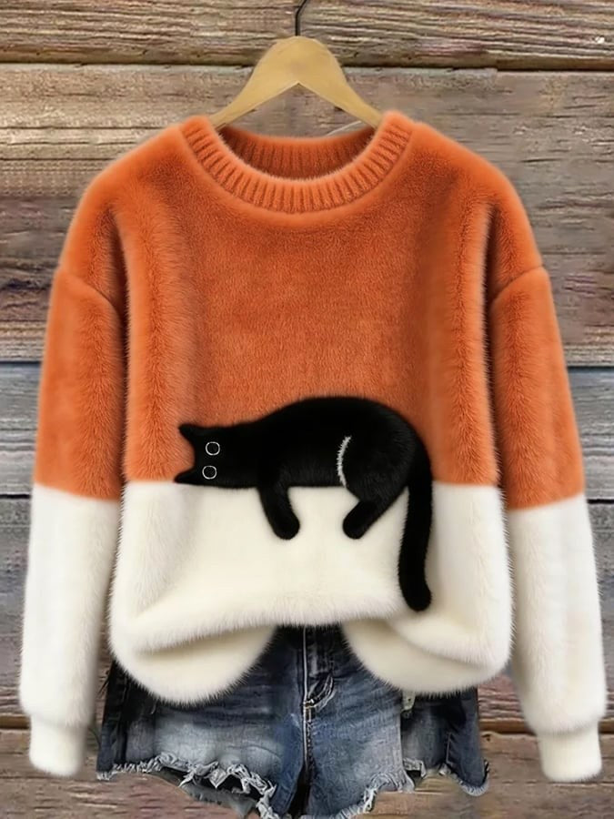 Estelle | Women's Cat Motif Wool-Mix Knit Jumper, Elegant Autumn Coat | Everlasting Boutique