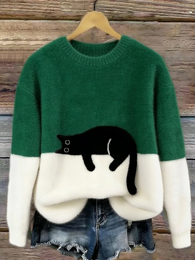 Estelle | Women's Cat Motif Wool-Mix Knit Jumper, Elegant Autumn Coat | Everlasting Boutique