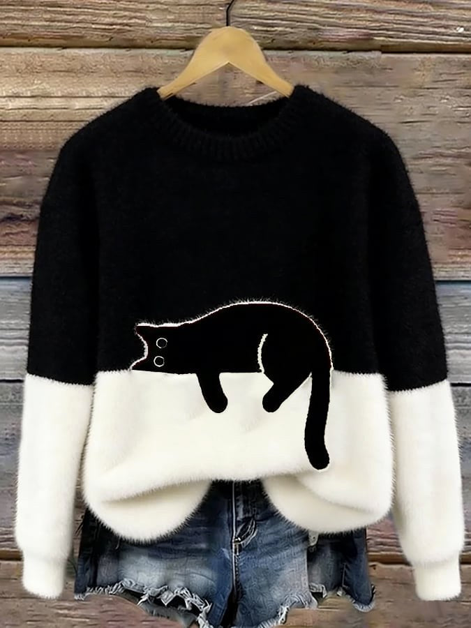 Estelle | Women's Cat Motif Wool-Mix Knit Jumper, Elegant Autumn Coat | Everlasting Boutique