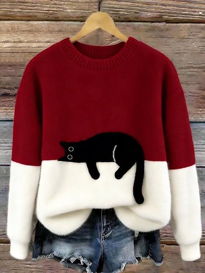 Estelle | Women's Cat Motif Wool-Mix Knit Jumper, Elegant Autumn Coat | Everlasting Boutique