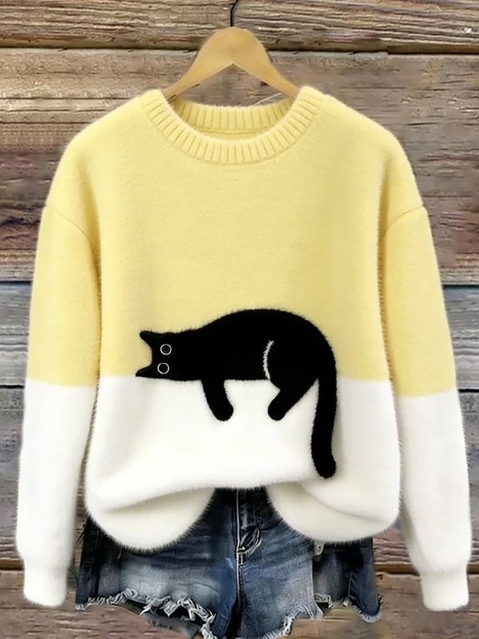 Estelle | Women's Cat Motif Wool-Mix Knit Jumper, Elegant Autumn Coat | Everlasting Boutique