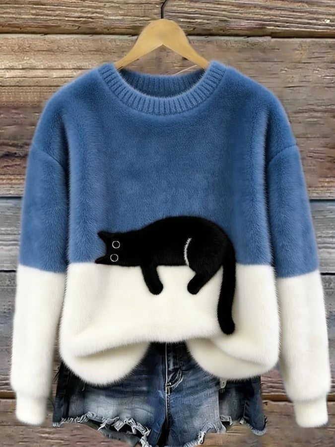 Estelle | Women's Cat Motif Wool-Mix Knit Jumper, Elegant Autumn Coat | Everlasting Boutique