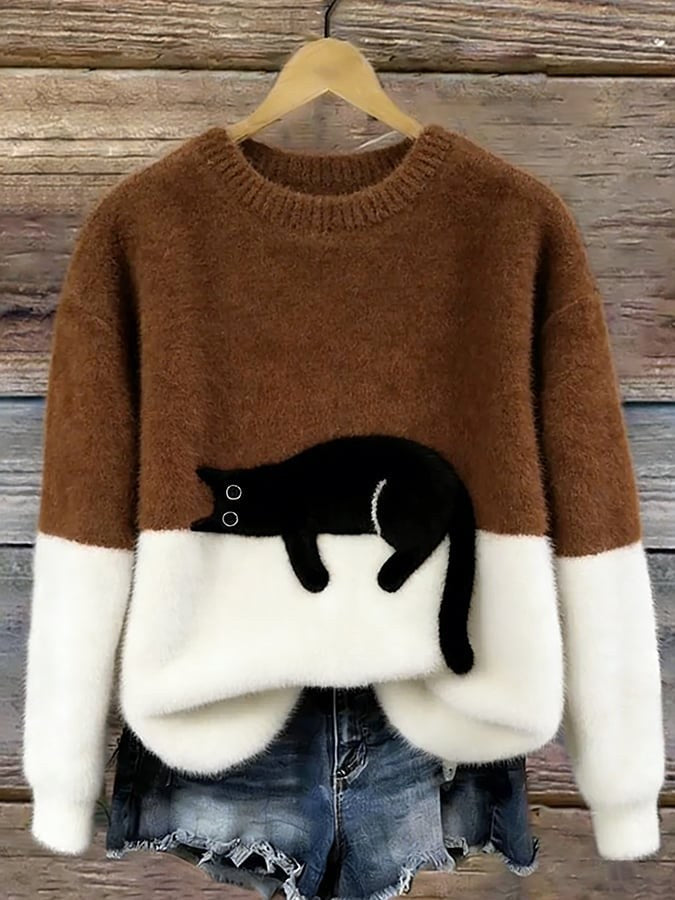 Estelle | Women's Cat Motif Wool-Mix Knit Jumper, Elegant Autumn Coat | Everlasting Boutique