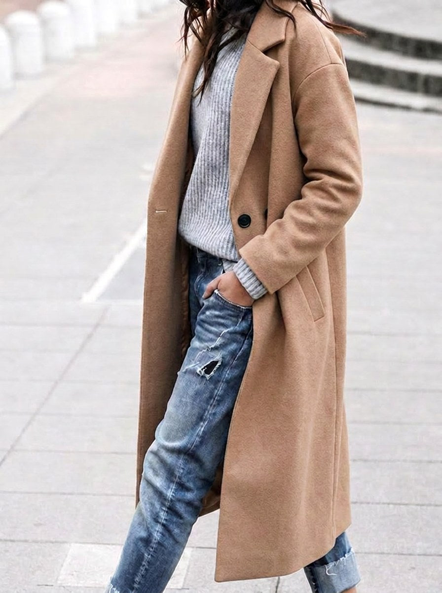 Esther | Women's Oversized Trench Coat with Wide Lapel, Long Relaxed Coat | Everlasting Boutique | Khaki