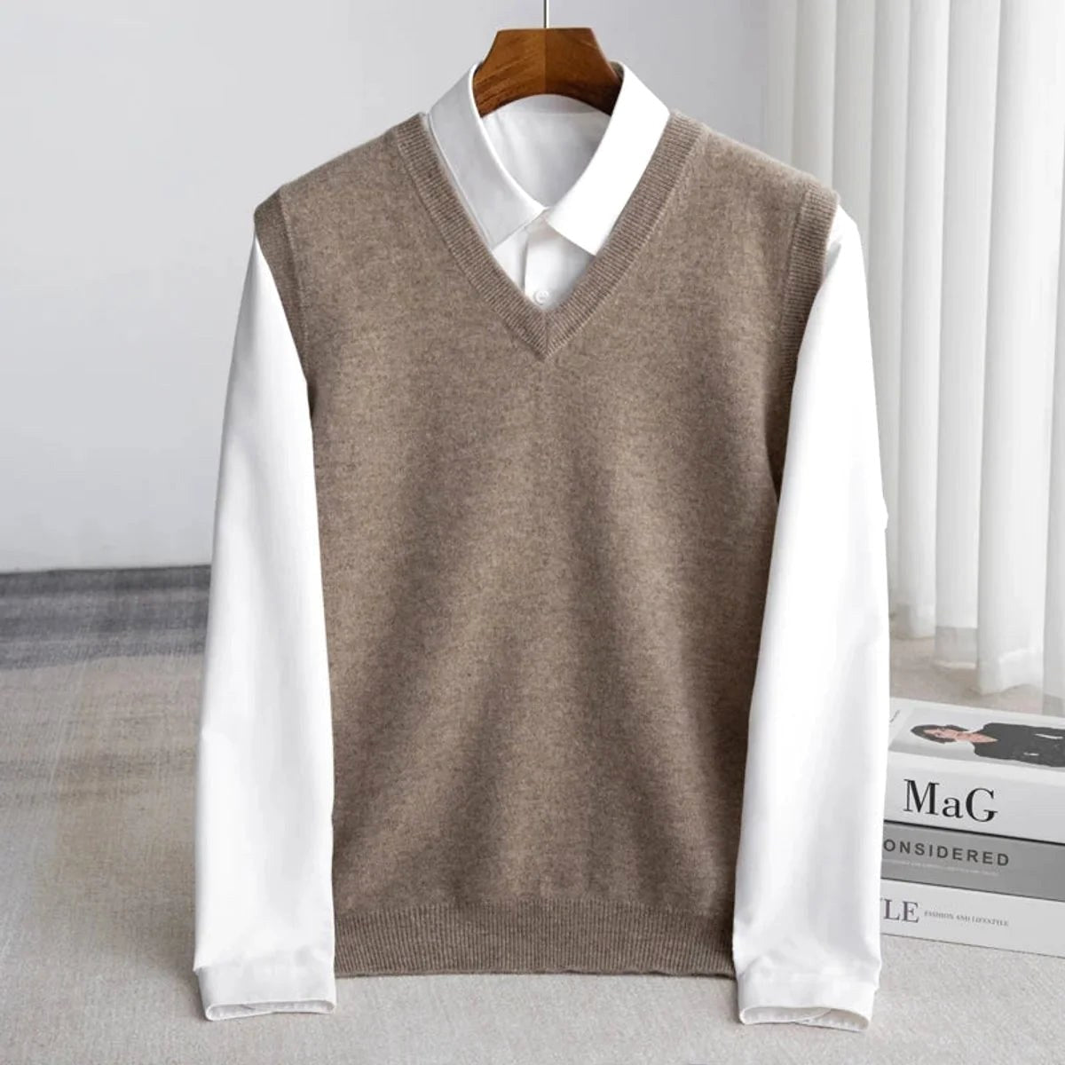Ethan | Men's V-Neck Sweater Vest, Ribbed Trim Knit Gilet | Animated Apparel | Burgundy