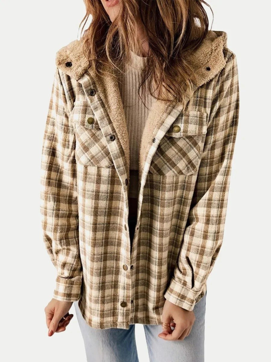 Eugenie | Women's Hooded Plaid Jacket, Button-Down Autumn Jacket | Everlasting Boutique | Khaki