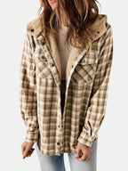 Eugenie | Women's Hooded Plaid Jacket, Button-Down Autumn Jacket | Everlasting Boutique | Khaki