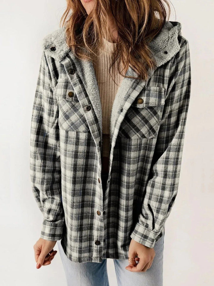 Eugenie | Women's Hooded Plaid Jacket, Button-Down Autumn Jacket | Everlasting Boutique | Dark Grey