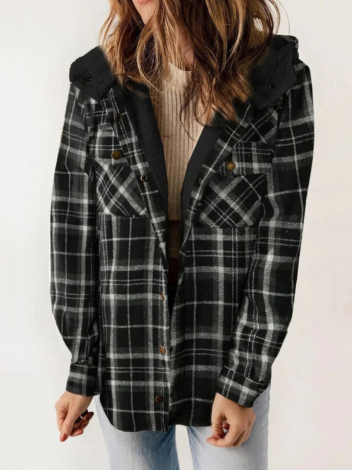 Eugenie | Women's Hooded Plaid Jacket, Button-Down Autumn Jacket | Everlasting Boutique | Black
