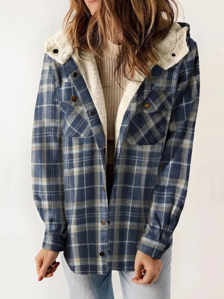 Eugenie | Women's Hooded Plaid Jacket, Button-Down Autumn Jacket | Everlasting Boutique | Blue