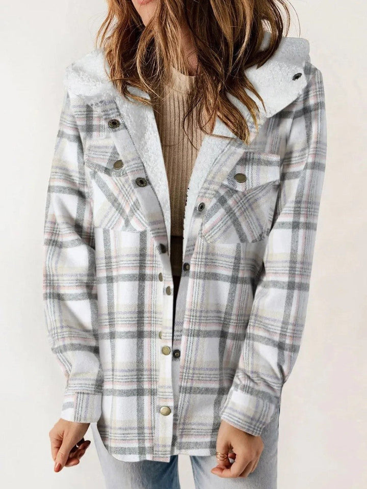 Eugenie | Women's Hooded Plaid Jacket, Button-Down Autumn Jacket | Everlasting Boutique | White