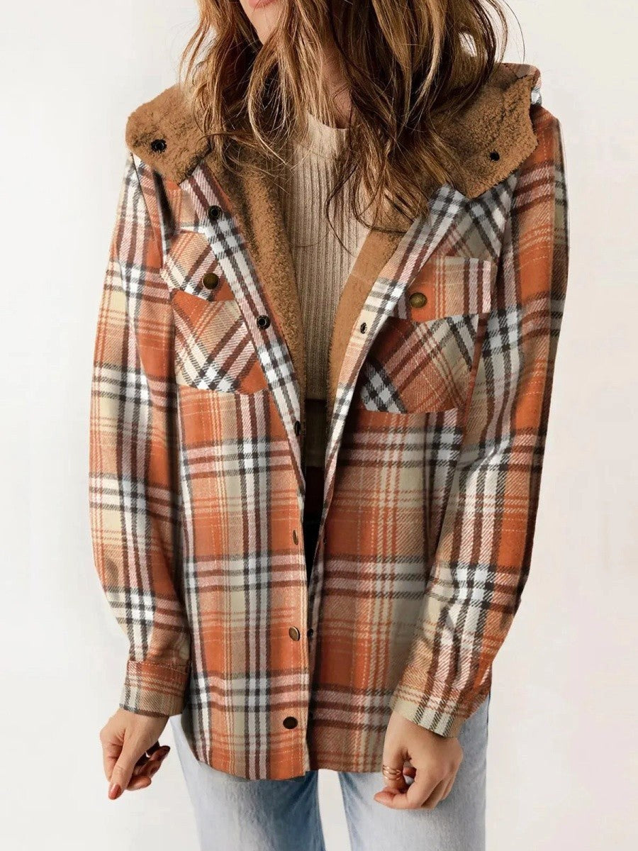 Eugenie | Women's Hooded Plaid Jacket, Button-Down Autumn Jacket | Everlasting Boutique | Brown