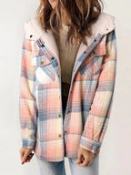 Eugenie | Women's Hooded Plaid Jacket, Button-Down Autumn Jacket | Everlasting Boutique | Pink