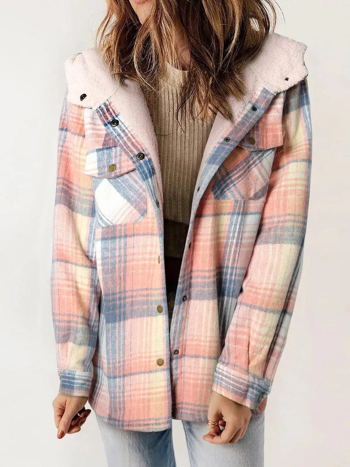 Eugenie | Women's Hooded Plaid Jacket, Button-Down Autumn Jacket | Everlasting Boutique | Pink