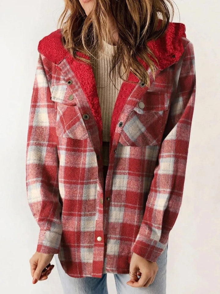 Eugenie | Women's Hooded Plaid Jacket, Button-Down Autumn Jacket | Everlasting Boutique | Red