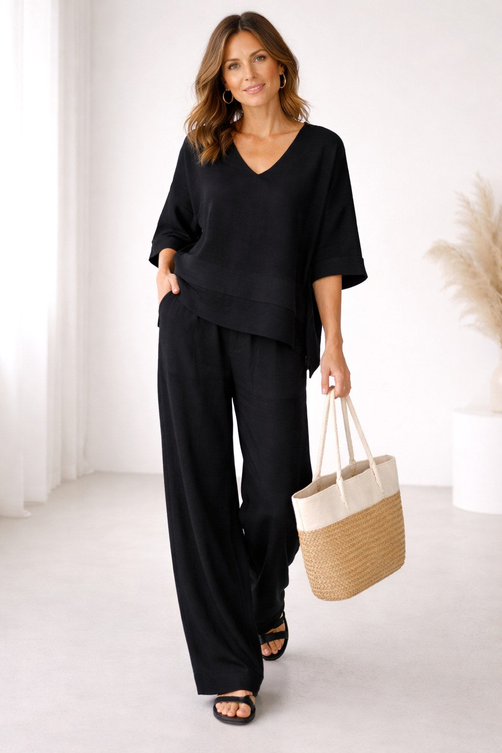 Eva | Women's Asymmetric Two-Piece Set, Breathable Cotton Linen Lounge Set | Everlasting Boutique