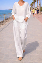 Eva | Women's Asymmetric Two-Piece Set, Breathable Cotton Linen Lounge Set | Everlasting Boutique