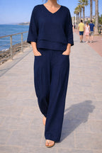 Eva | Women's Asymmetric Two-Piece Set, Breathable Cotton Linen Lounge Set | Everlasting Boutique