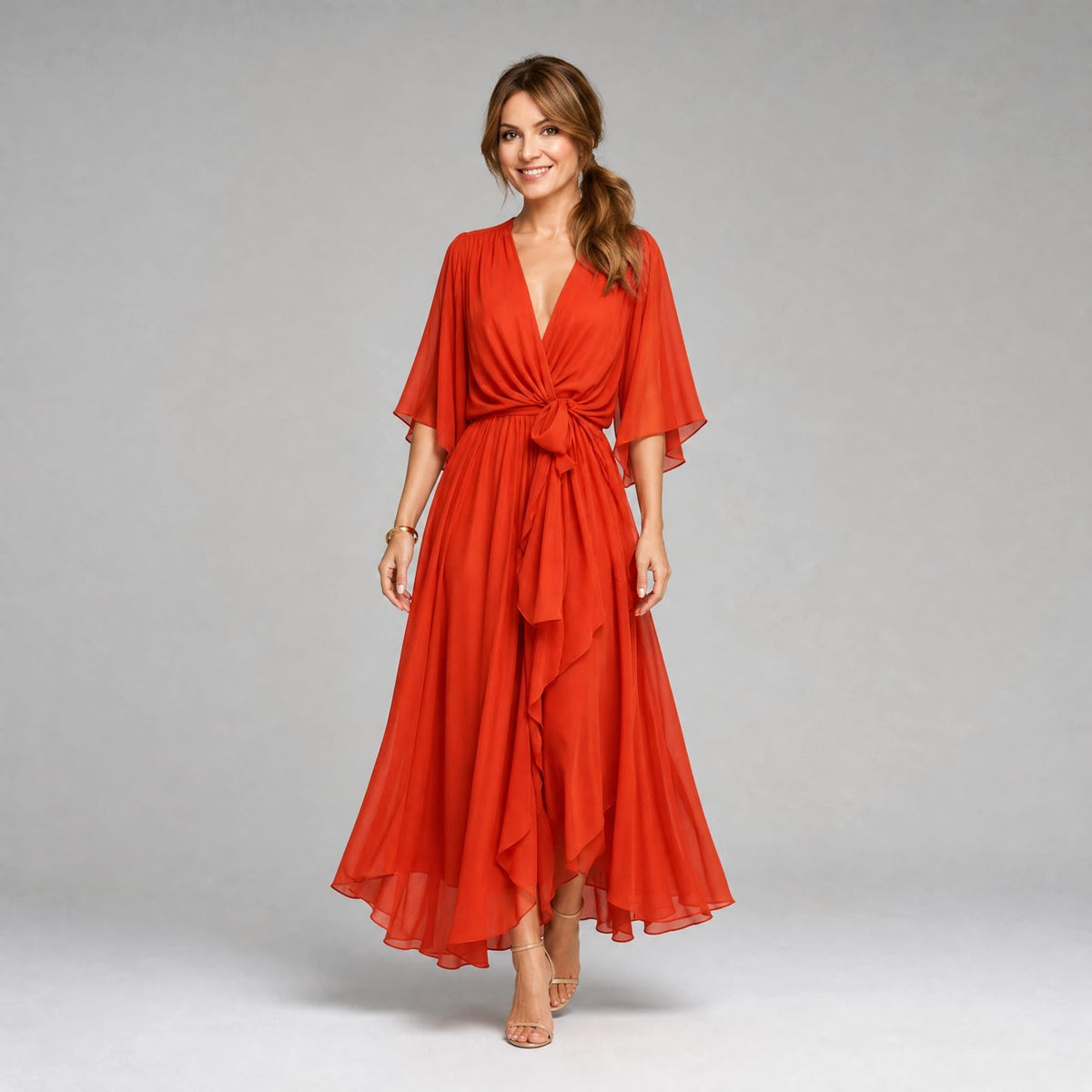 Evelyn | Women's Midi Dress with V-Neckline and Waist Tie, Layered Asymmetric Midi Dress | Everlasting Boutique