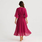 Evelyn | Women's Midi Dress with V-Neckline and Waist Tie, Layered Asymmetric Midi Dress | Everlasting Boutique