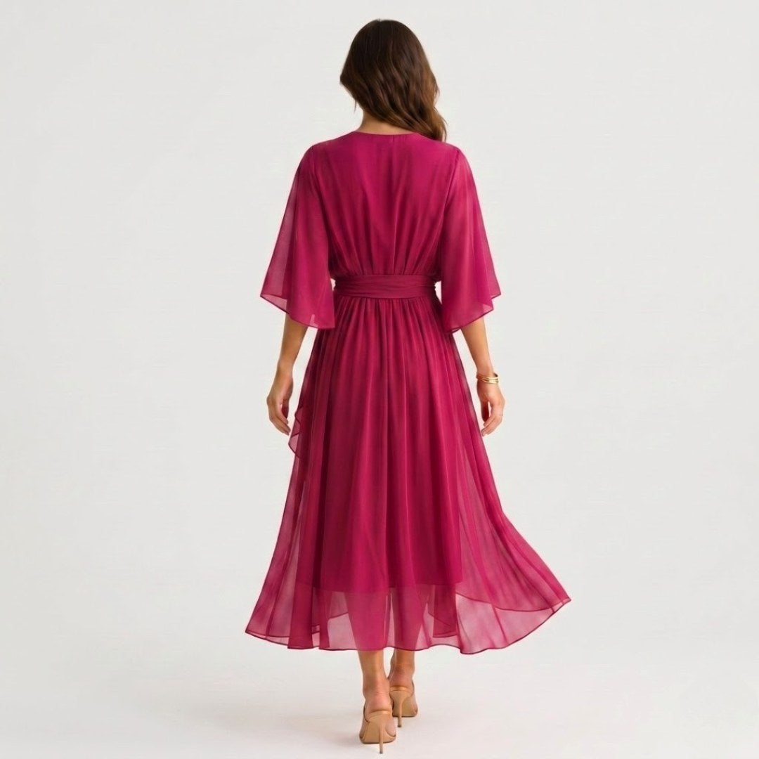 Evelyn | Women's Midi Dress with V-Neckline and Waist Tie, Layered Asymmetric Midi Dress | Everlasting Boutique