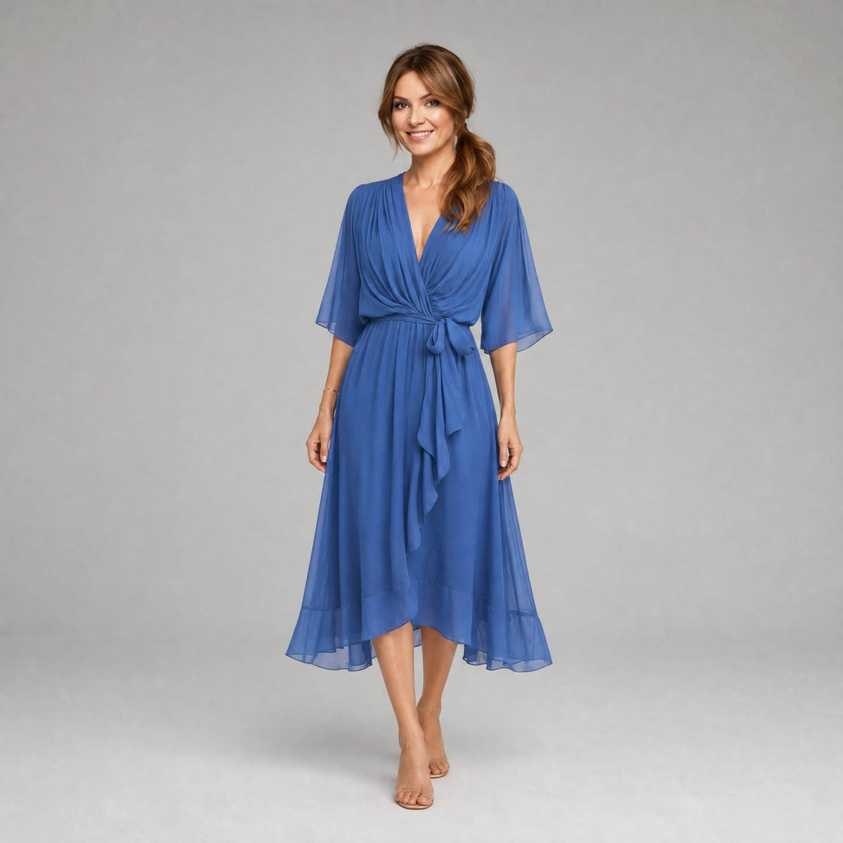 Evelyn | Women's Midi Dress with V-Neckline and Waist Tie, Layered Asymmetric Midi Dress | Everlasting Boutique