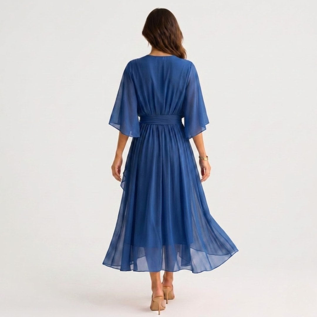 Evelyn | Women's Midi Dress with V-Neckline and Waist Tie, Layered Asymmetric Midi Dress | Everlasting Boutique