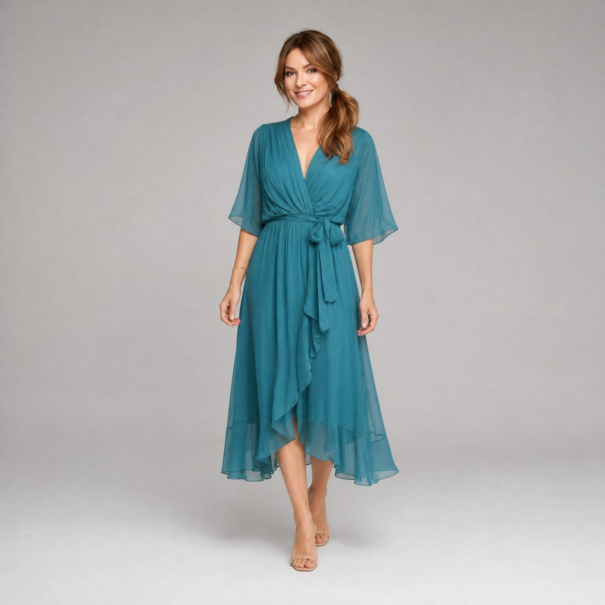 Evelyn | Women's Midi Dress with V-Neckline and Waist Tie, Layered Asymmetric Midi Dress | Everlasting Boutique