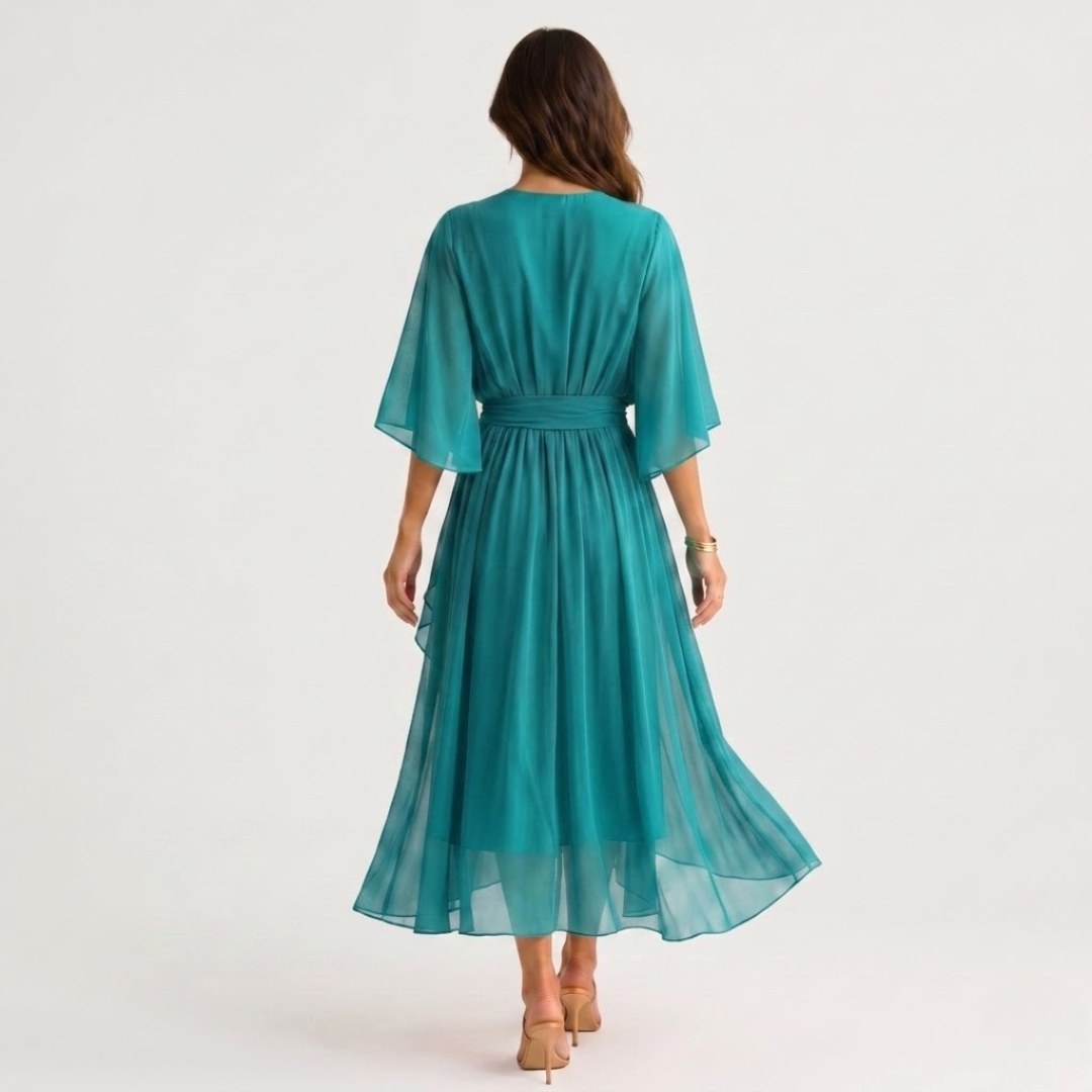 Evelyn | Women's Midi Dress with V-Neckline and Waist Tie, Layered Asymmetric Midi Dress | Everlasting Boutique