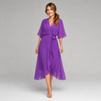 Evelyn | Women's Midi Dress with V-Neckline and Waist Tie, Layered Asymmetric Midi Dress | Everlasting Boutique