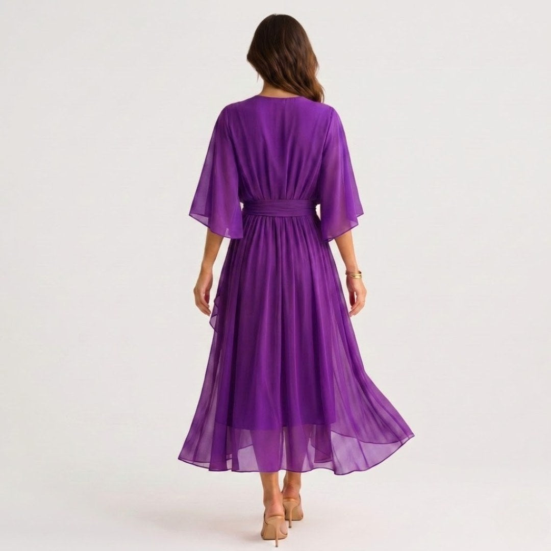 Evelyn | Women's Midi Dress with V-Neckline and Waist Tie, Layered Asymmetric Midi Dress | Everlasting Boutique