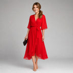 Evelyn | Women's Midi Dress with V-Neckline and Waist Tie, Layered Asymmetric Midi Dress | Everlasting Boutique