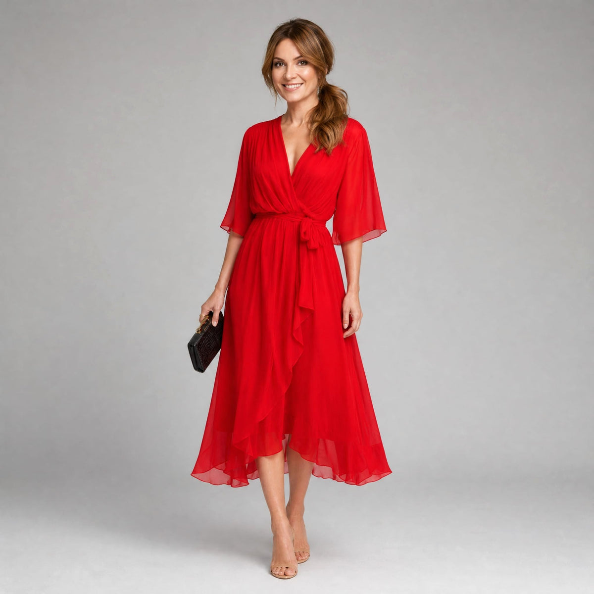 Evelyn | Women's Midi Dress with V-Neckline and Waist Tie, Layered Asymmetric Midi Dress | Everlasting Boutique