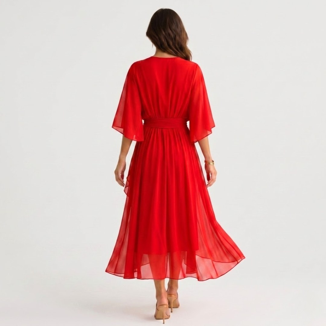 Evelyn | Women's Midi Dress with V-Neckline and Waist Tie, Layered Asymmetric Midi Dress | Everlasting Boutique