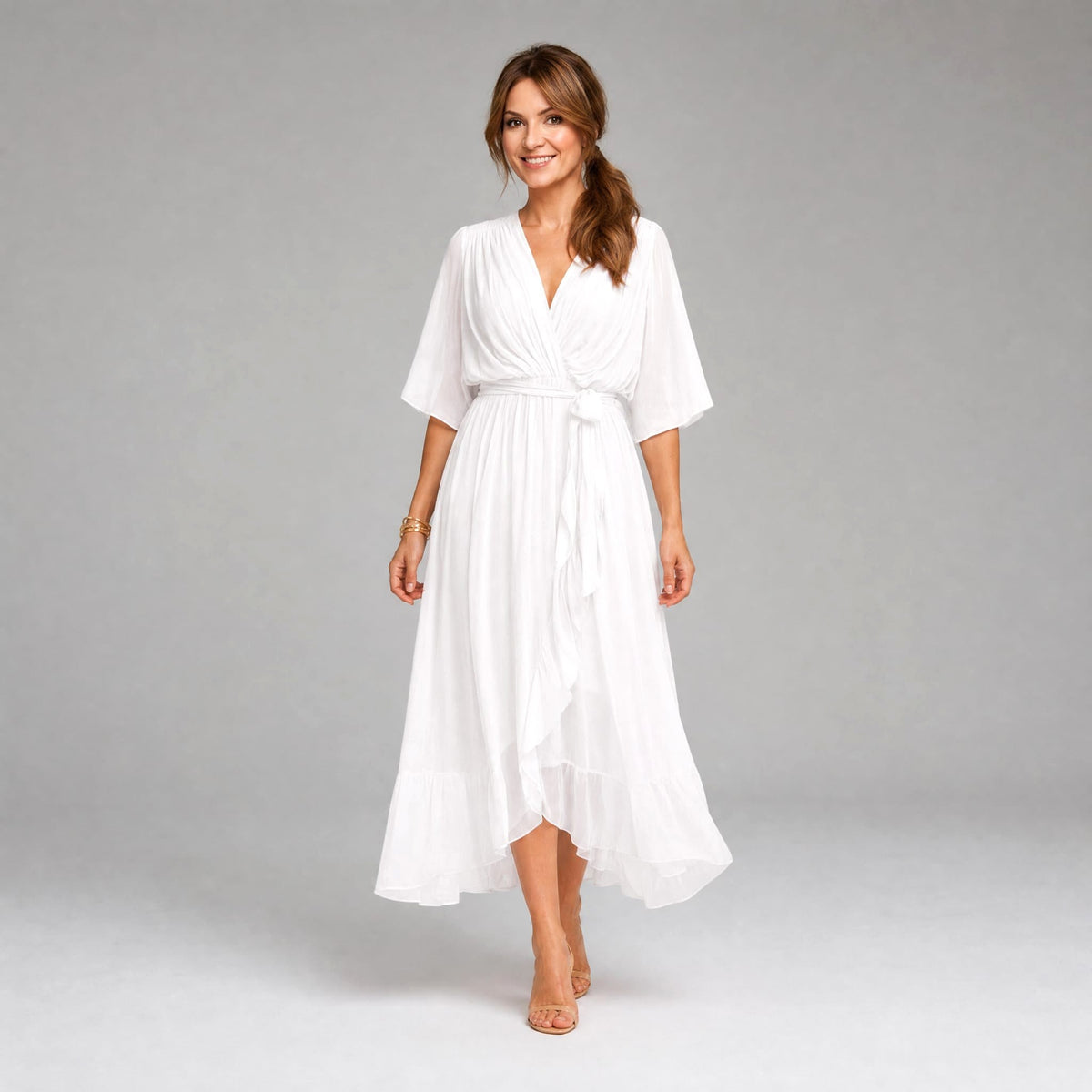 Evelyn | Women's Midi Dress with V-Neckline and Waist Tie, Layered Asymmetric Midi Dress | Everlasting Boutique