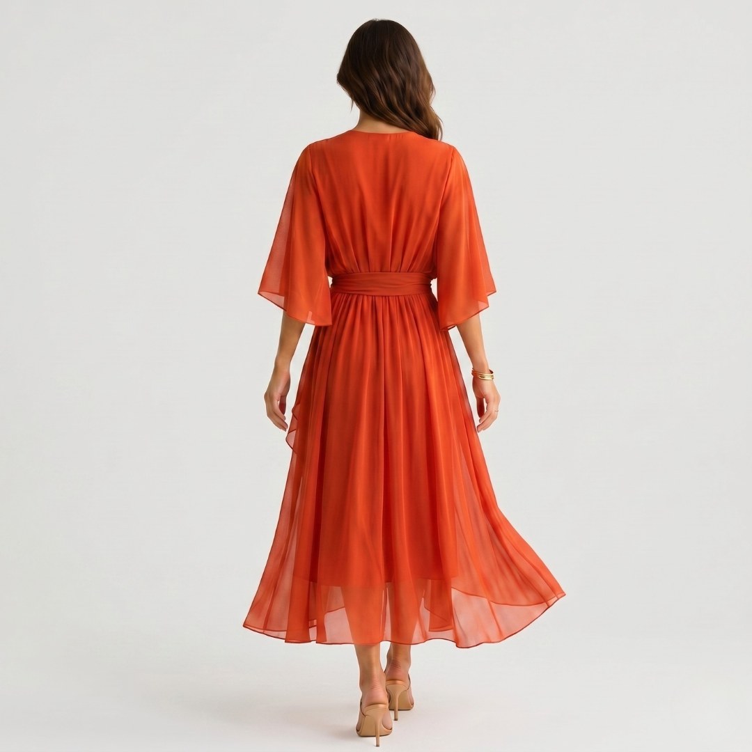 Evelyn | Women's Midi Dress with V-Neckline and Waist Tie, Layered Asymmetric Midi Dress | Everlasting Boutique