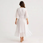 Evelyn | Women's Midi Dress with V-Neckline and Waist Tie, Layered Asymmetric Midi Dress | Everlasting Boutique
