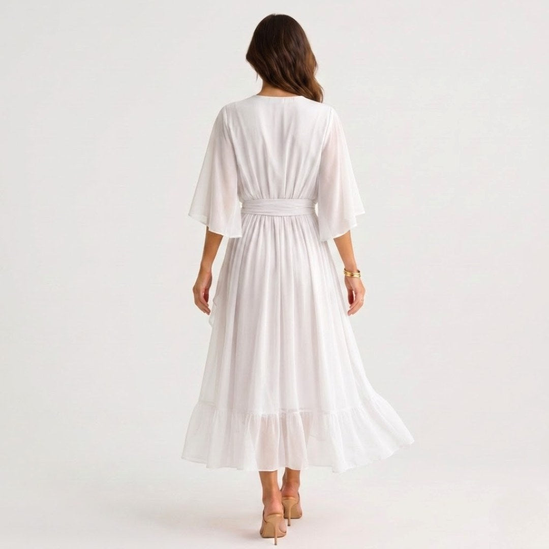 Evelyn | Women's Midi Dress with V-Neckline and Waist Tie, Layered Asymmetric Midi Dress | Everlasting Boutique