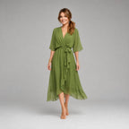 Evelyn | Women's Midi Dress with V-Neckline and Waist Tie, Layered Asymmetric Midi Dress | Everlasting Boutique