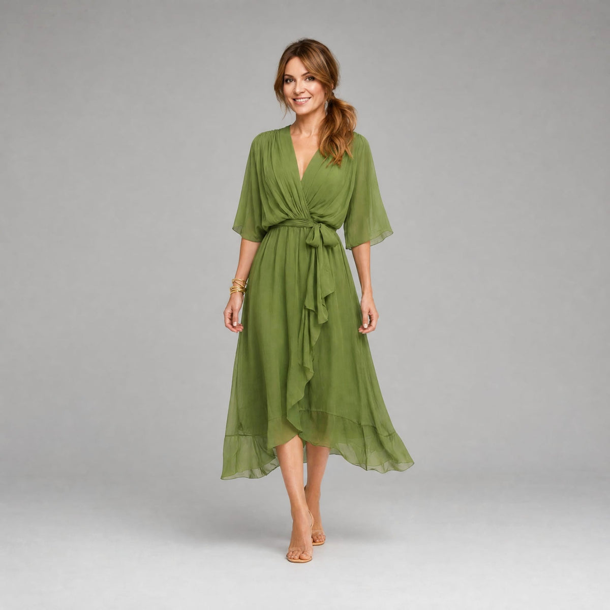 Evelyn | Women's Midi Dress with V-Neckline and Waist Tie, Layered Asymmetric Midi Dress | Everlasting Boutique
