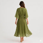Evelyn | Women's Midi Dress with V-Neckline and Waist Tie, Layered Asymmetric Midi Dress | Everlasting Boutique