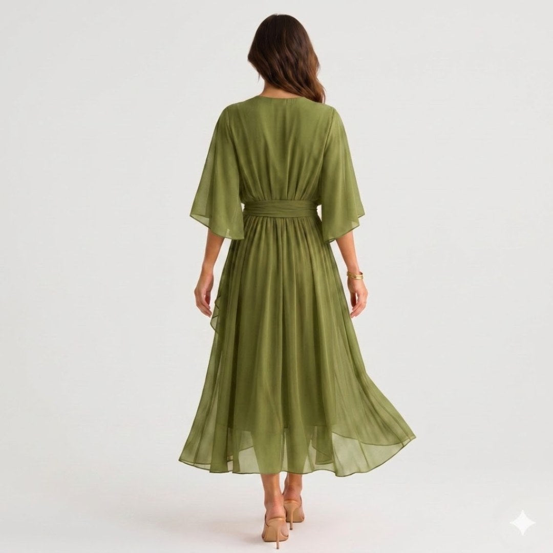 Evelyn | Women's Midi Dress with V-Neckline and Waist Tie, Layered Asymmetric Midi Dress | Everlasting Boutique