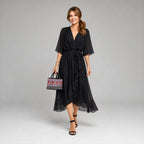 Evelyn | Women's Midi Dress with V-Neckline and Waist Tie, Layered Asymmetric Midi Dress | Everlasting Boutique