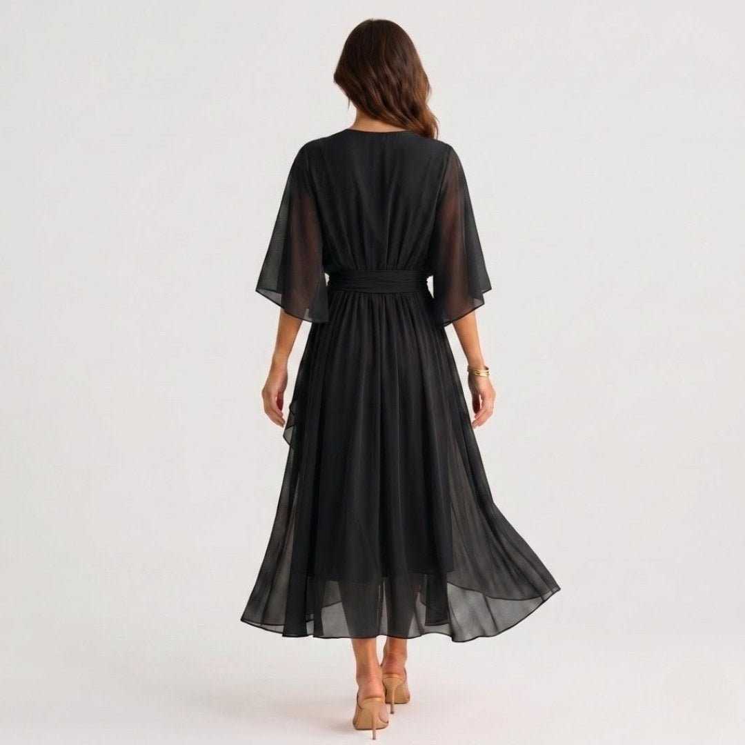 Evelyn | Women's Midi Dress with V-Neckline and Waist Tie, Layered Asymmetric Midi Dress | Everlasting Boutique
