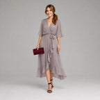Evelyn | Women's Midi Dress with V-Neckline and Waist Tie, Layered Asymmetric Midi Dress | Everlasting Boutique