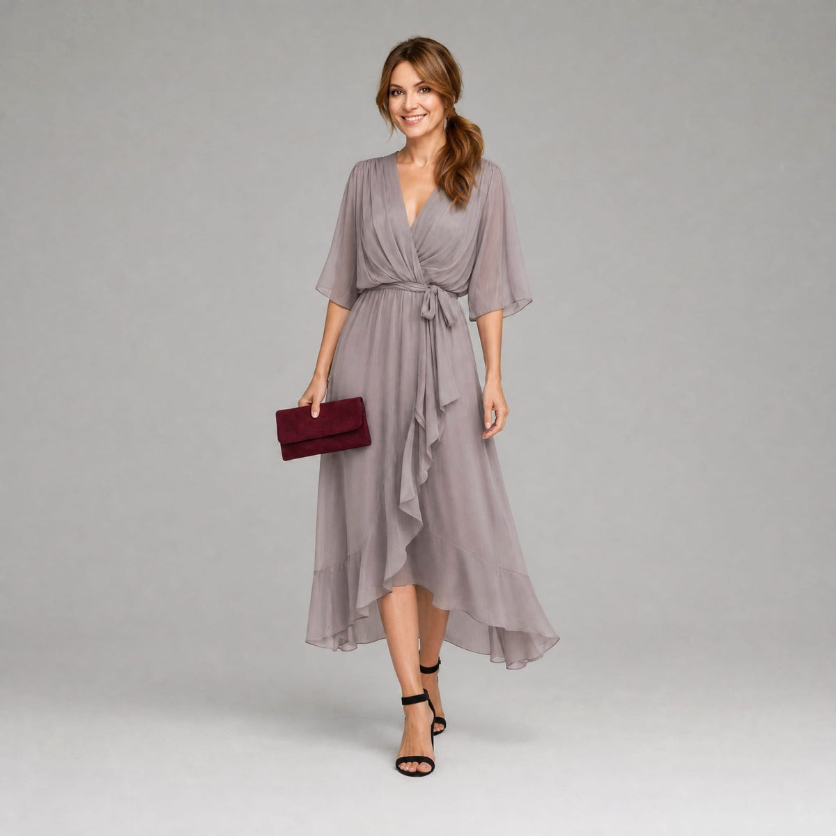 Evelyn | Women's Midi Dress with V-Neckline and Waist Tie, Layered Asymmetric Midi Dress | Everlasting Boutique