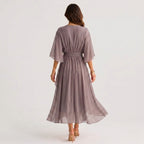 Evelyn | Women's Midi Dress with V-Neckline and Waist Tie, Layered Asymmetric Midi Dress | Everlasting Boutique